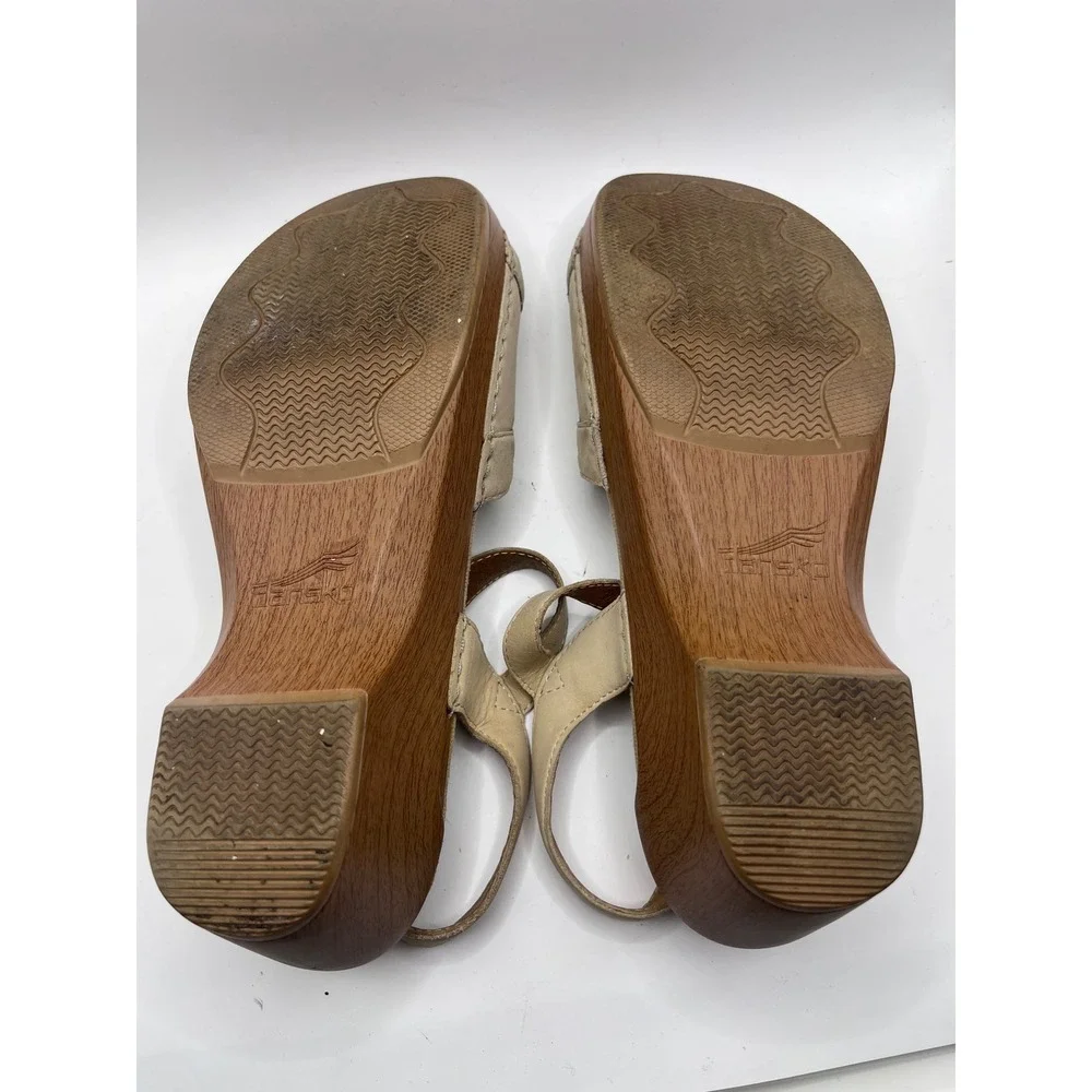Y2K Dansko Womens Beige Leather Slingback Wedge Sandals Wood Grain Platform